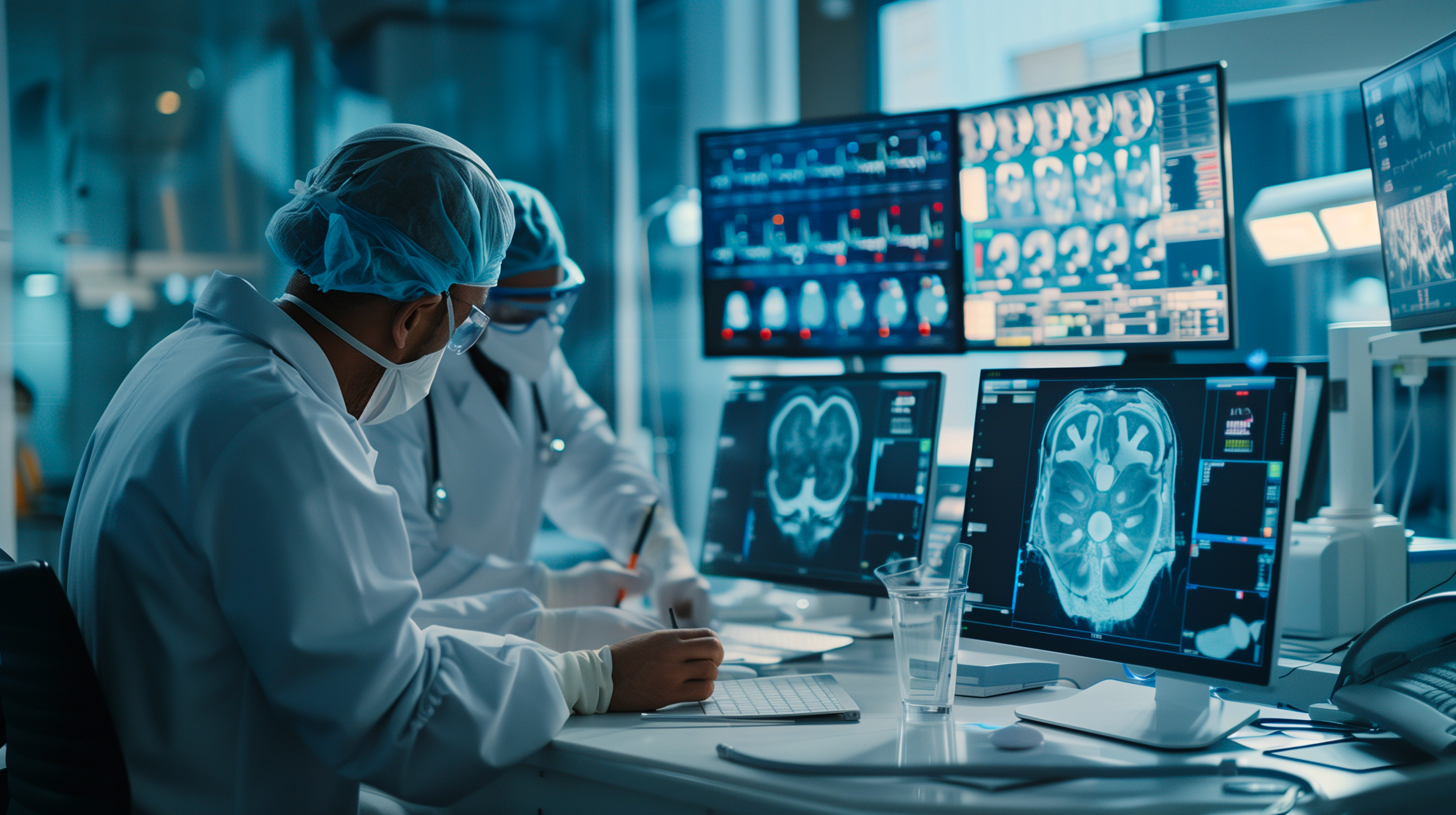 Decorative image depicting two men with white coats, face masks and hairnet standing in front of multiplie digital screens.